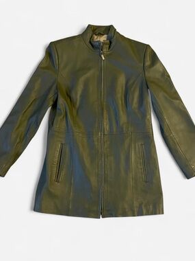 Womens Olive Green Zip-Up Leather Jacket